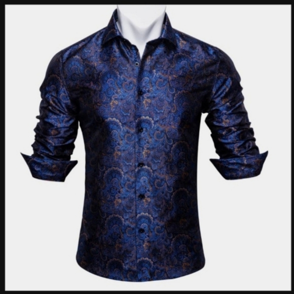 Barry.Wang Men's Luxury Blue Golden Floral Silk Button Down Shirt - Picture 2 of 7